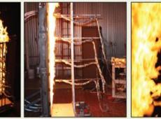 Convection heat transfer requires flames to contact adjacent fuels. Discontinuous fuels (e.g. shrub and tree canopies) require flames to extend across gaps between fuel clusters. The vertical flame wall with its high sample rate heat flux sensors (shown) and thermocouples are used to describe flame turbulence and thus the flame position and duration. Diffusion flames are produced using buoyantly neutral ethylene fuel gas.