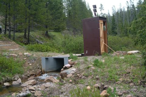 Parshall flume located on Tenderfoot Creek monitoring stream flow, fluvial sediment transport and stream conductivity.