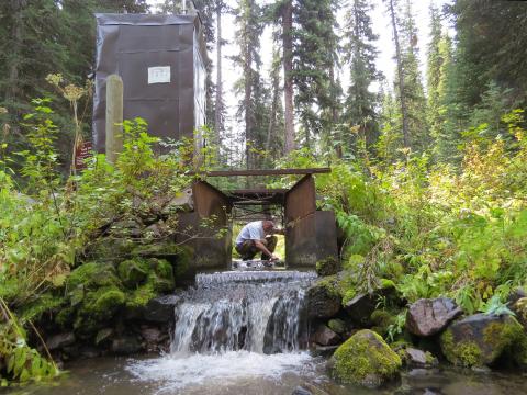 FFS Program Manager Colin Hardy removes debris from the Pack Creek flume at the Tenderfoot Creek Experimental Forest, Helena-Lewis and Clark National Forest, Montana. 2015