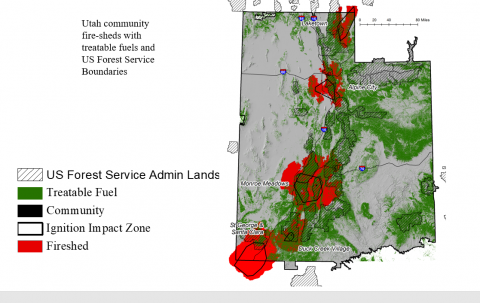 Firesheds for specified communities are delineated using FSim wildfire event sets and are shown in conjunction with vegetation types where fuel treatments are effective and modifying fire behavior.