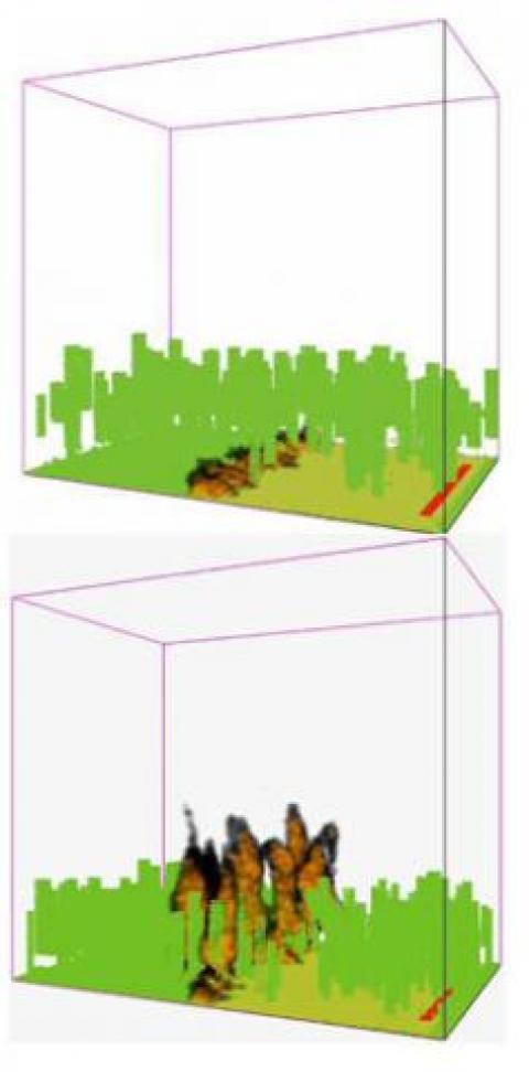 Example three-dimensional fire simulations for a forest stand, before (bottom) and after treatment (top), carried out with STANDFIRE, a platform for fire science development and analysis
