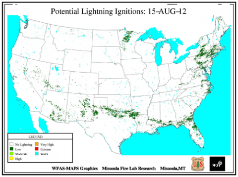 Pixels with calculated potential lightning ignitions based on the current lightning efficiency, fuel type and lightning strike data. Pixel value is number of potential fires and is categorized similar to the fire danger rating system